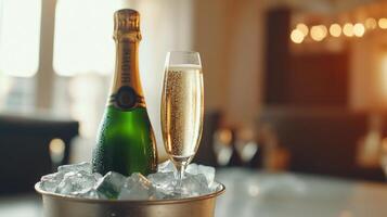 A bottle of champagne in a bucket with ice photo