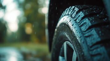A close up of a tire on a car in the rain photo