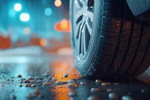 A car tire is seen in the rain at night photo