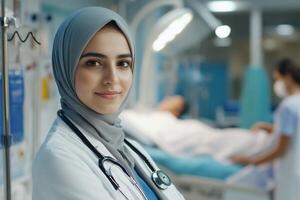 A woman in a hijab is standing in a hospital photo
