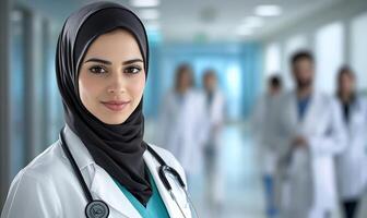 A woman in a hijab is standing in front of a hospital photo