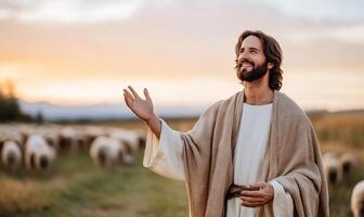 Jesus is standing in the field with his hands outstretched and sheep in the background photo
