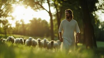 Jesus walking in the field with sheep photo