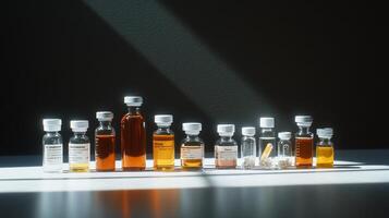 A collection of bottles and vials on a table photo
