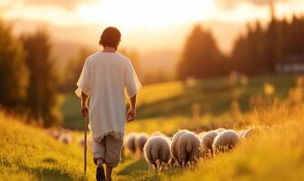A man walking with sheep in a field photo
