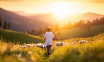 A man walking with sheep in a field at sunset photo