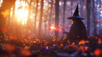 A witch in a forest with a wand and butterflies photo