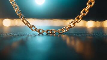 Gold chain on a table with a light behind it photo