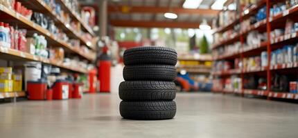 A stack of tires in a store aisle photo