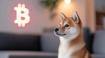Shiba inu dog sitting on couch with bitcoin sign photo