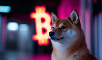 Shiba inu dog in front of bitcoin sign photo
