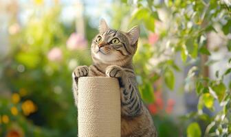 A cat is standing on top of a scratching post photo
