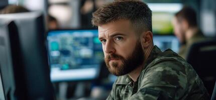 A man in camouflage is looking at a computer screen photo
