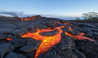Lava flows from the ground at sunset photo