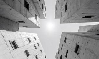 A black and white photo of a building with a sun in the sky