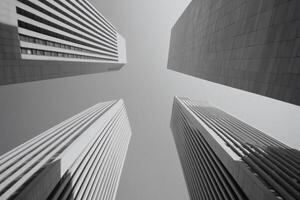 Black and white photograph of tall buildings photo