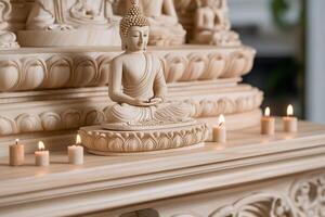 A statue of buddha sitting on a table with candles photo