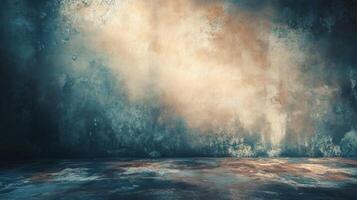 Large, empty room with a blue wall and a tan wall. The room is empty and has a very dark and moody atmosphere photo