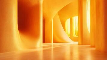 Yellow room with a curved wall and a window. The room is empty and has a warm, inviting atmosphere photo