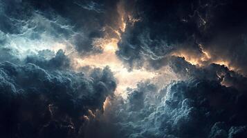 Dark sky with a few clouds and a bright light in the middle. The light is surrounded by clouds and he is glowing photo
