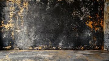 Black and gold wall with a large empty space in the middle. The wall has a lot of texture and he is aged. The emptiness of the space gives the room a sense of emptiness and loneliness photo