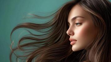 Woman with long, flowing hair and a bright smile. Her hair is styled in a way that accentuates her features and gives her a confident, attractive appearance photo