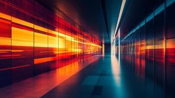 Long, empty hallway with a bright orange and red light shining down on the floor. The hallway is empty and the light is the only source of color photo