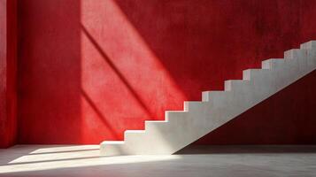 Staircase is shown in a room with a red wall. The staircase is white and has a shadow on the wall. The room is empty and the staircase is the only object in the room photo
