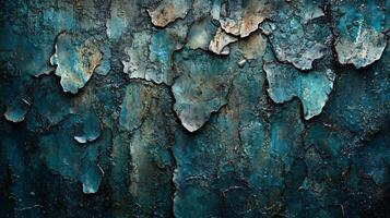 Blue and gray wall with a lot of cracks and holes. The wall is covered in a lot of different textures and patterns photo
