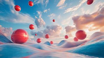 Computer generated image of a sky filled with red balls. The image has a surreal and dreamlike quality to it, with the red balls floating in the sky and the blue sky in the background photo