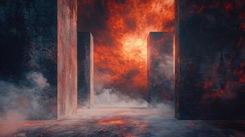 Dark, smokey, and fiery scene with three tall pillars in the background. The pillars are surrounded by a cloud of smoke and fire, creating a sense of danger and chaos photo