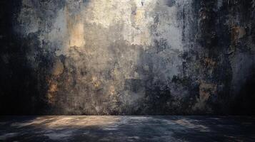 Large, empty room with a wall covered in graffiti. The wall is covered in a variety of colors and patterns, giving the room a chaotic and edgy feel. The room is mostly empty photo