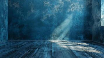 Blue room with a wooden floor and a window. The room is empty and has a very simple design photo