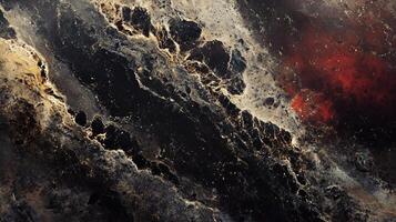Black and gold painting of a starry sky with a red spot in the middle. The painting has a sense of depth and movement, with the stars appearing to twinkle and the red spot drawing the viewer's eye photo