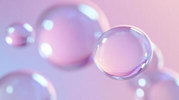 Series of pink bubbles floating in the air. The bubbles are all different sizes and are scattered throughout the frame. Scene is light and playful, as the bubbles seem to be floating effortlessly photo