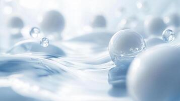 Large body of water with many small, white spheres floating on the surface. The water appears to be calm and peaceful, with the bubbles floating gently on top. Scene is serene and tranquil photo