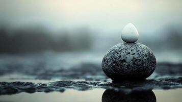 Rock is sitting on the ground next to a body of water. The rock is small and white, and it is the only object in the scene. The water is calm and still, and the sky is cloudy photo