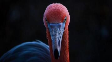 Flamingo with a red head and black body stands in front of a dark background. The bird's head is turned to the right, and its eyes are open, giving it a fierce and intimidating appearance photo