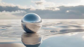 Clear ball is floating in the water. The water is calm and the sky is cloudy. The scene is peaceful and serene photo