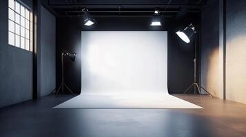 Studio with a white backdrop and three lights. Scene is professional and focused photo