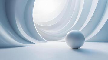 White sphere is placed in the center of a white wall. The sphere is surrounded by a white wall that has a spiral design. The image has a minimalist and modern feel to it photo