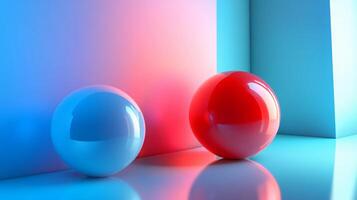 Two spheres, one blue and one red, are placed in front of a blue wall. The blue sphere is larger than the red one, and they are both reflecting light. The scene has a calm and serene mood photo