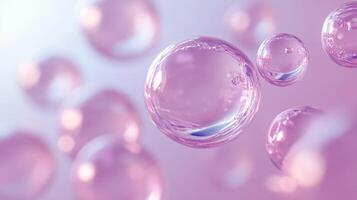 Series of pink bubbles floating in the air. The bubbles are small and clear, creating a sense of lightness and playfulness. Scene is whimsical and joyful, as if the bubbles are dancing photo