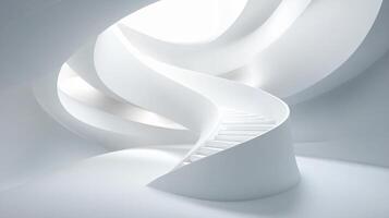 Spiral staircase is shown in a white room. The staircase is made of white material and is very long. The room is very empty and the staircase is the only thing in it photo