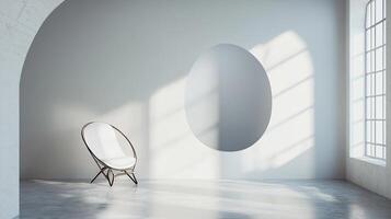 White chair sits in a room with a large window. The room is empty and has a minimalist feel photo