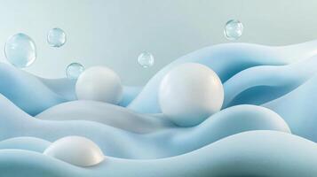 Blue background with white spheres scattered throughout the scene. The spheres are of varying sizes and are placed in different positions, creating a sense of depth and movement photo
