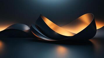 Black and gold wave is shown in a dark room. The wave is made of metal and has a shiny, reflective surface. The room is dimly lit, with only a few lights illuminating the wave photo