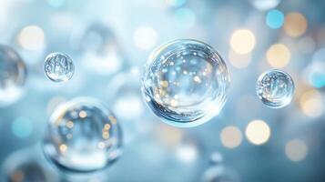 Series of clear, round bubbles floating in the air. The bubbles are scattered throughout the scene, with some closer to the foreground and others further in the background. Scene is one of lightness photo