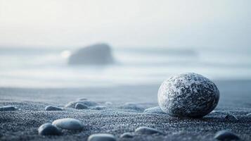Large rock sits on a beach, surrounded by smaller rocks. The scene is calm and peaceful, with the ocean in the background photo