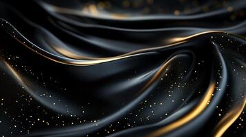 Black and gold fabric with gold sparkles. The fabric is flowing and has a shiny appearance photo